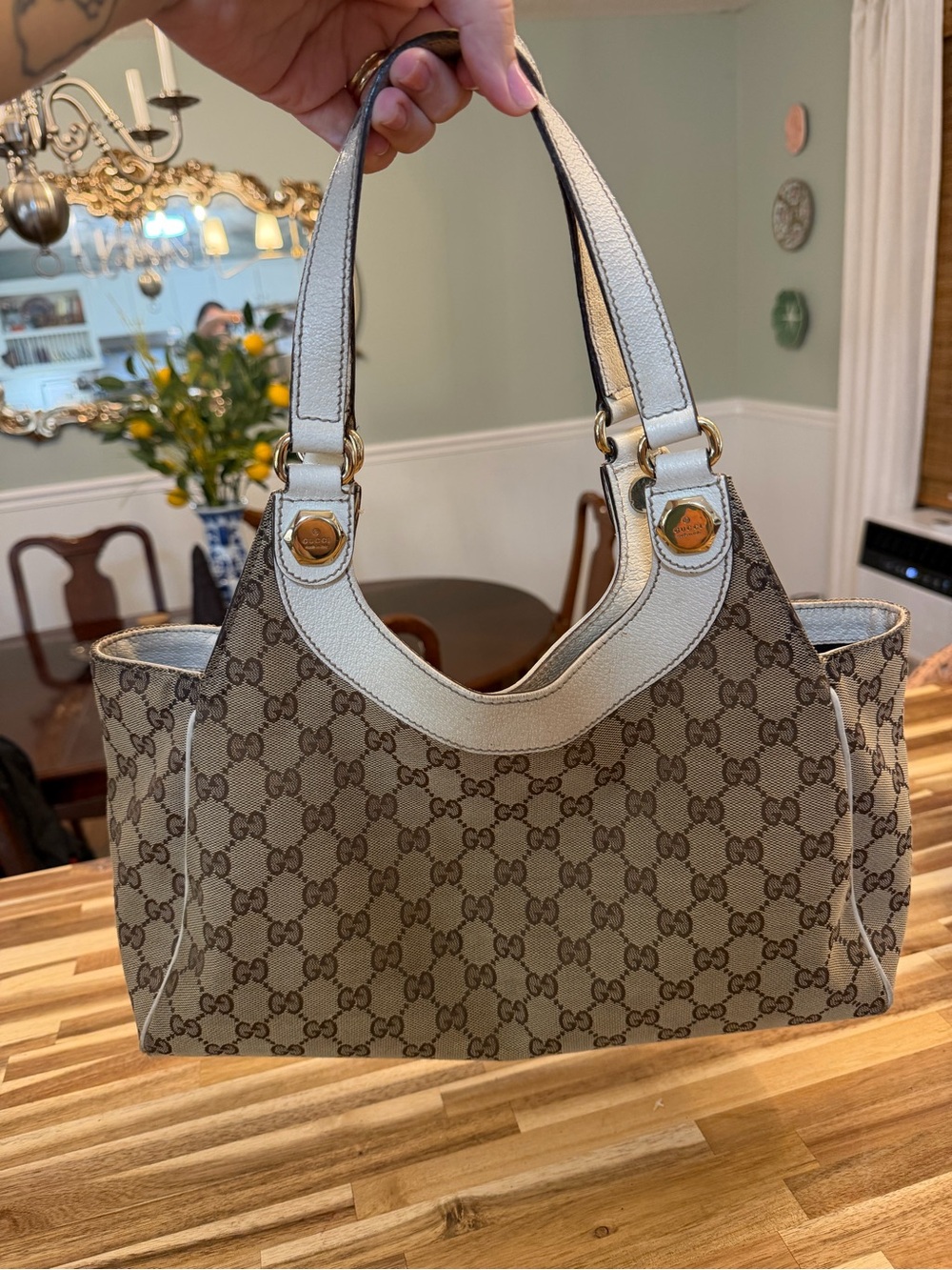 Gucci Beige Monogram Canvas Shoulder Bag w/ White Leather Trim